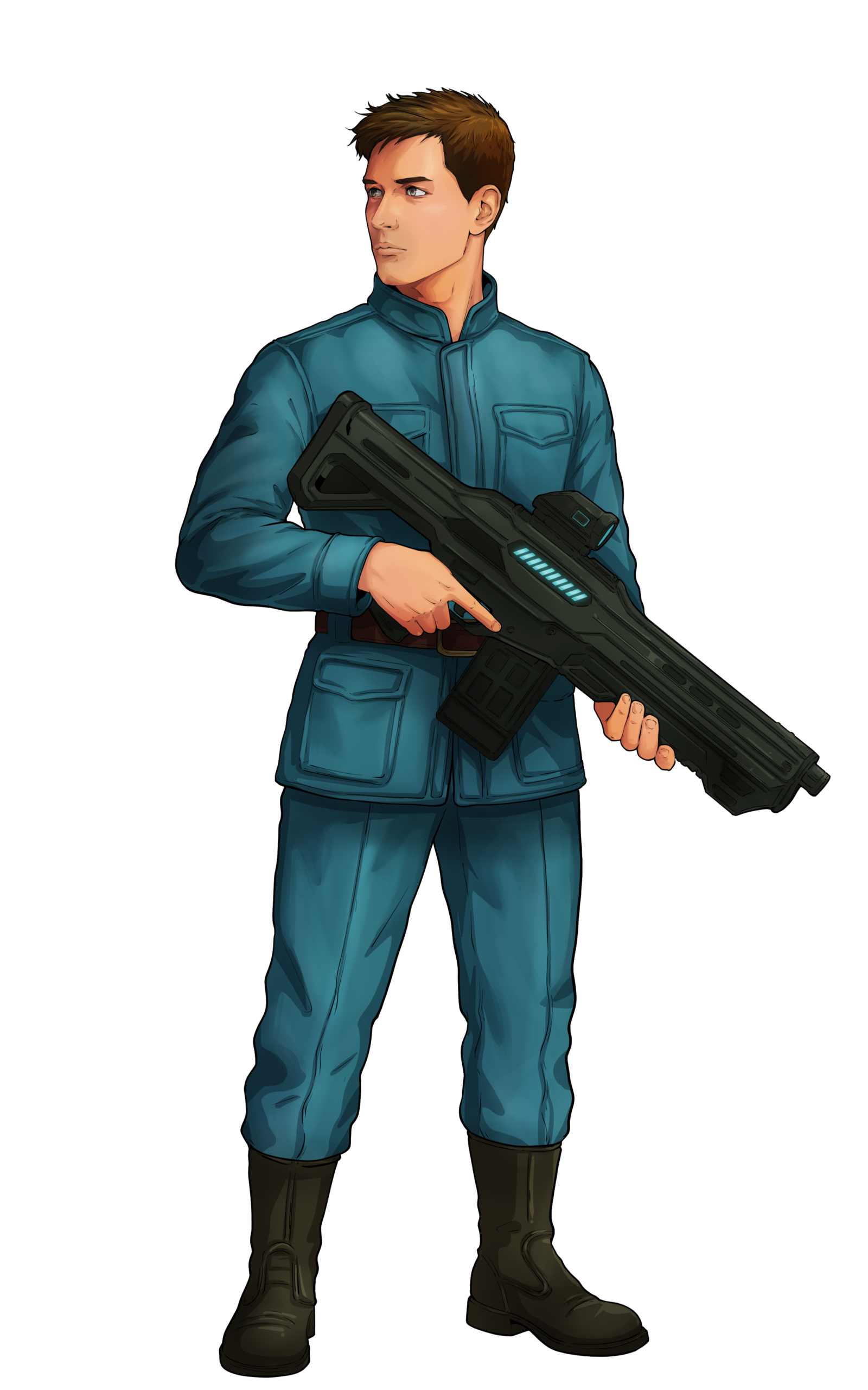 a young man in a faded light blue uniform standing with a futuristic rifle